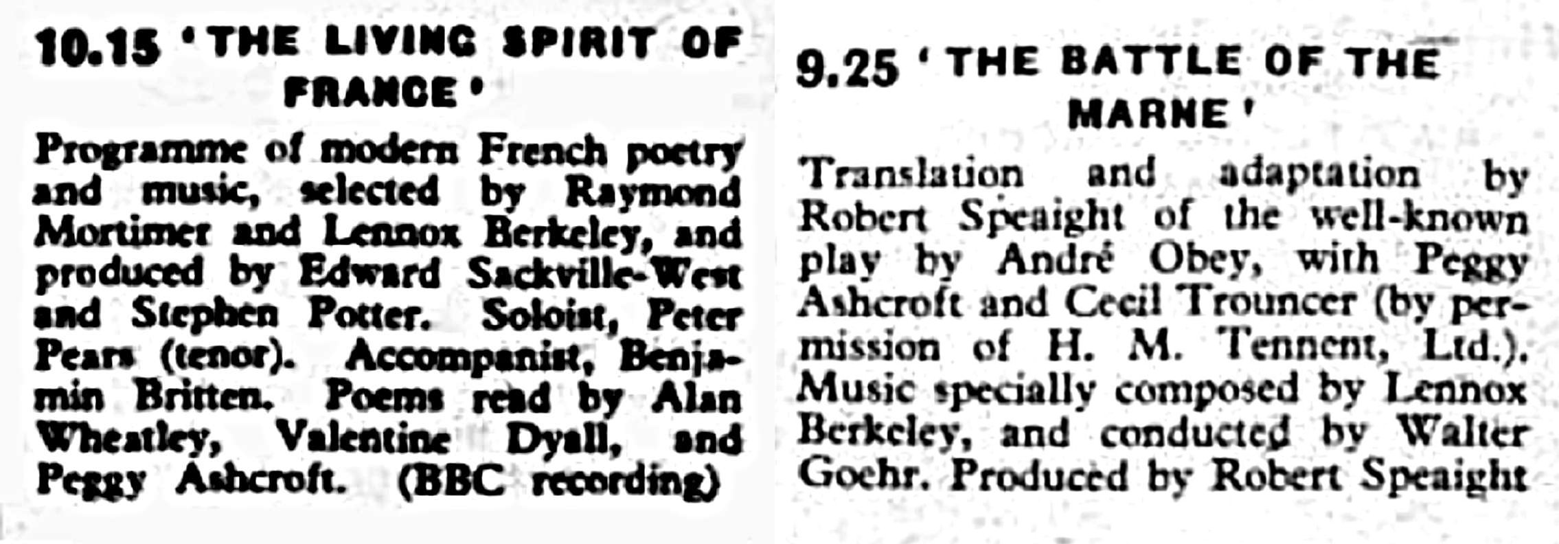 Radio Times listings of BBC Home Service broadcasts on 30 August 1943 (left) and 6 September 1943