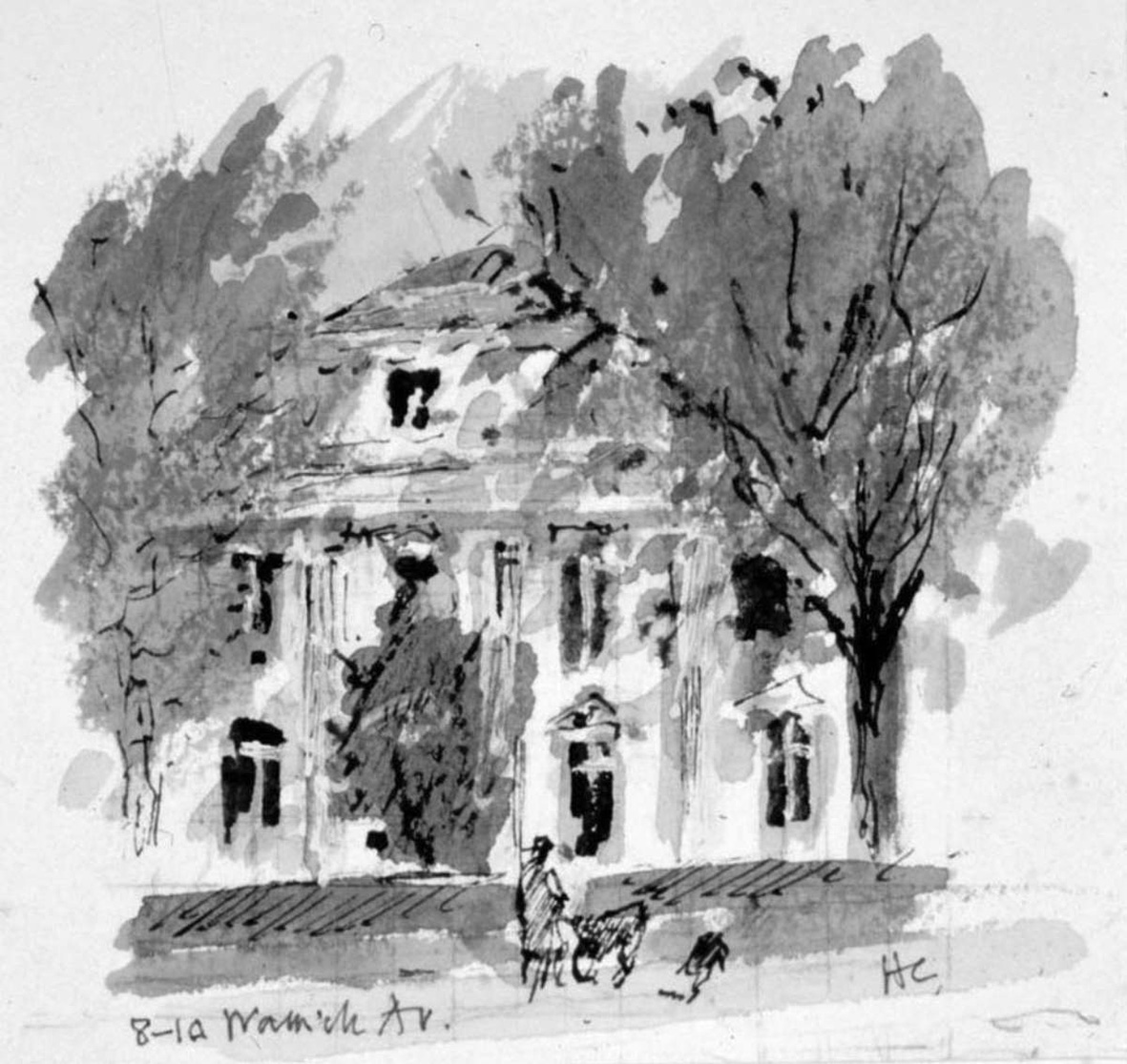 The path to No 8 (behind the tree at right) – from a watercolour sketch of Nos 10 and 8 Warwick Avenue, Little Venice, 1994, by Sir Hugh Casson – for Lady Berkeley