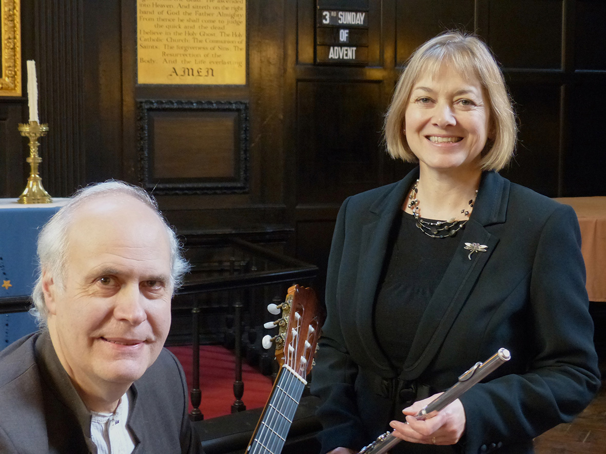 Adam and Dinah Pounds, before giving the world premiere of Pounds’ arrangement for flute and guitar of three of the Five Short Pieces for Piano Op. 4 by Lennox Berkeley, in the church of St. Anne and St. Agnes, in the City of London, 17 December 2012