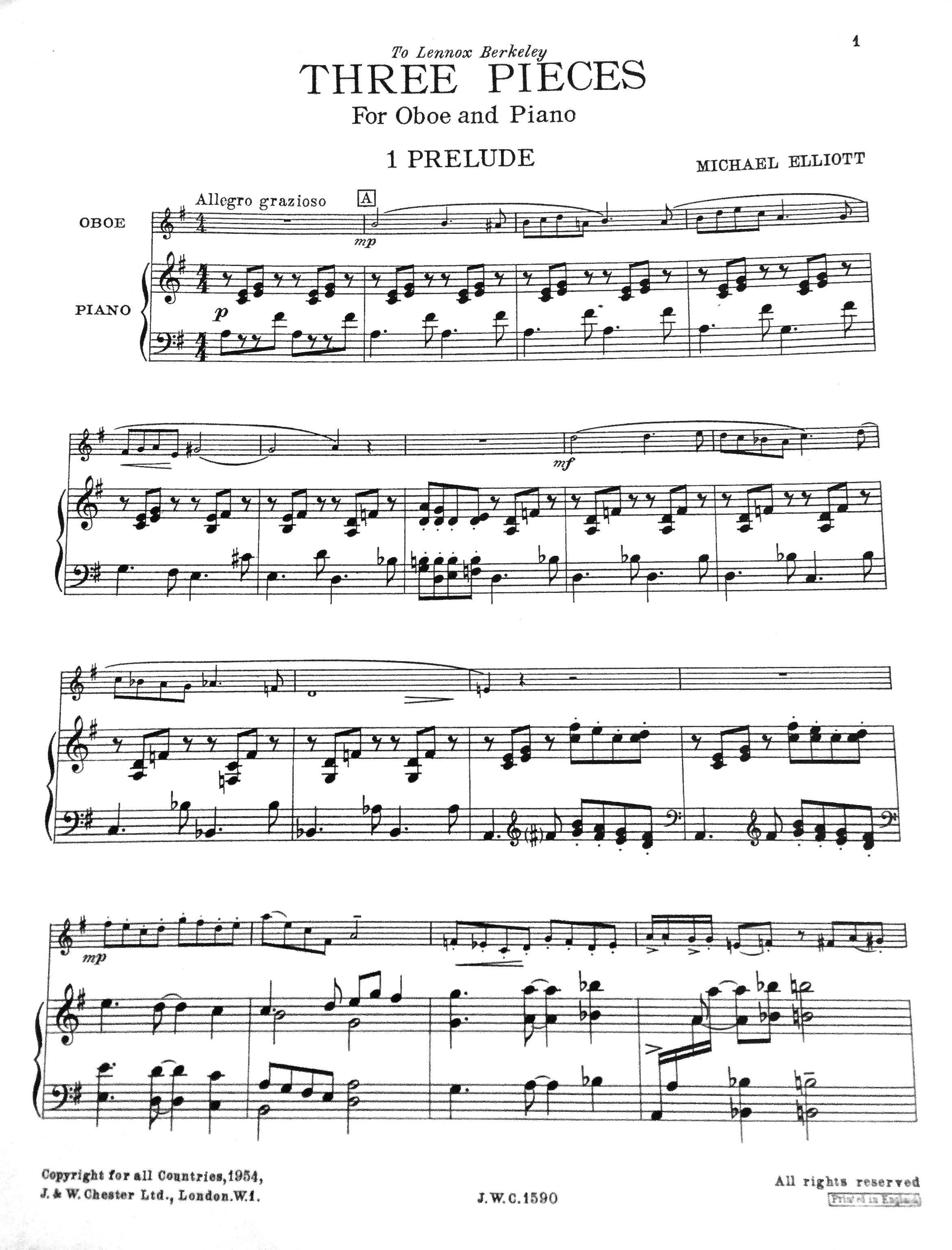 The opening page of Michael Elliott’s Three Pieces, dedicated to Lennox Berkeley and published by Chester’s.