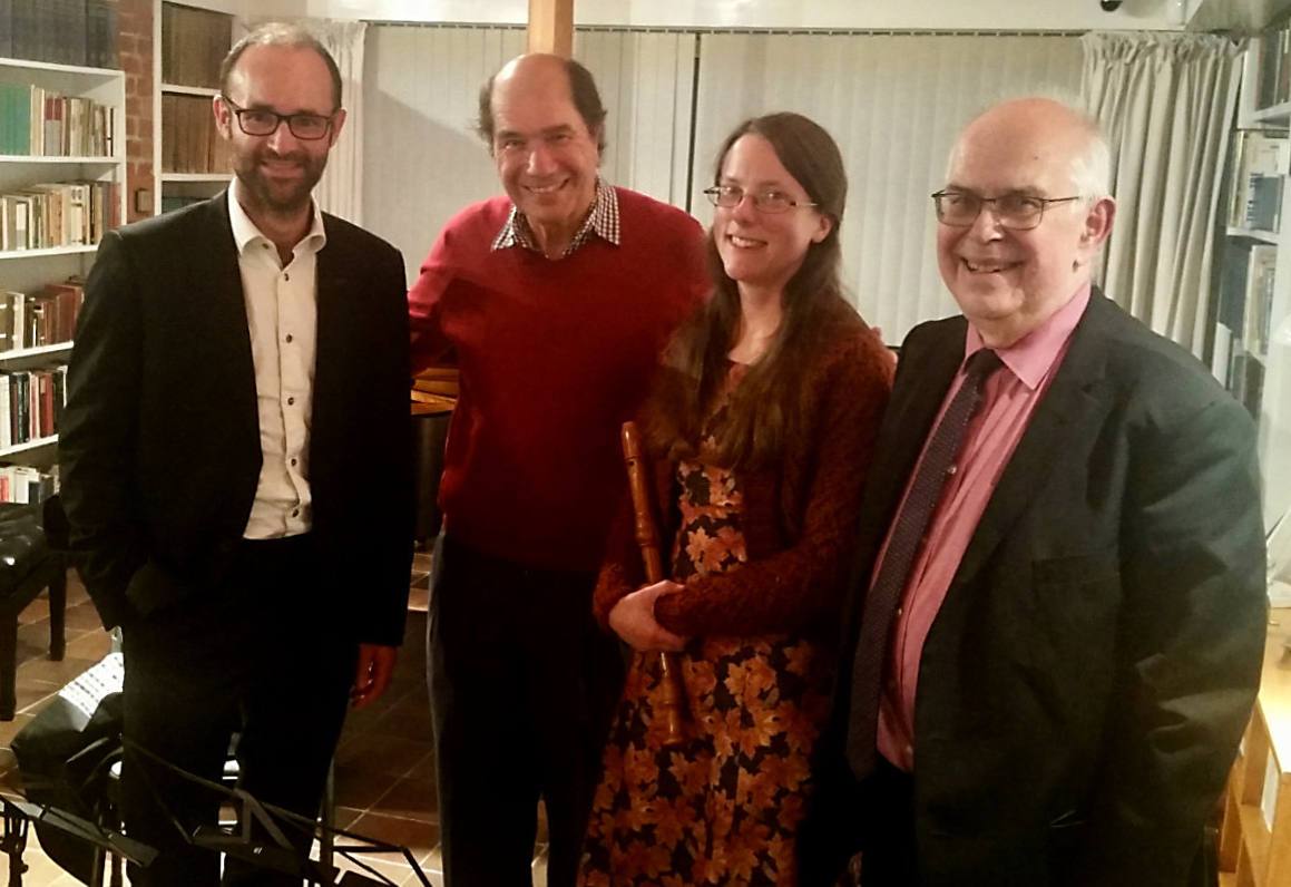 Pianist Nathan Williamson, Michael Berkeley, and recorder players Laura Robinson and John Turner in the Library of the Red House (Photo Rupert Robertson).