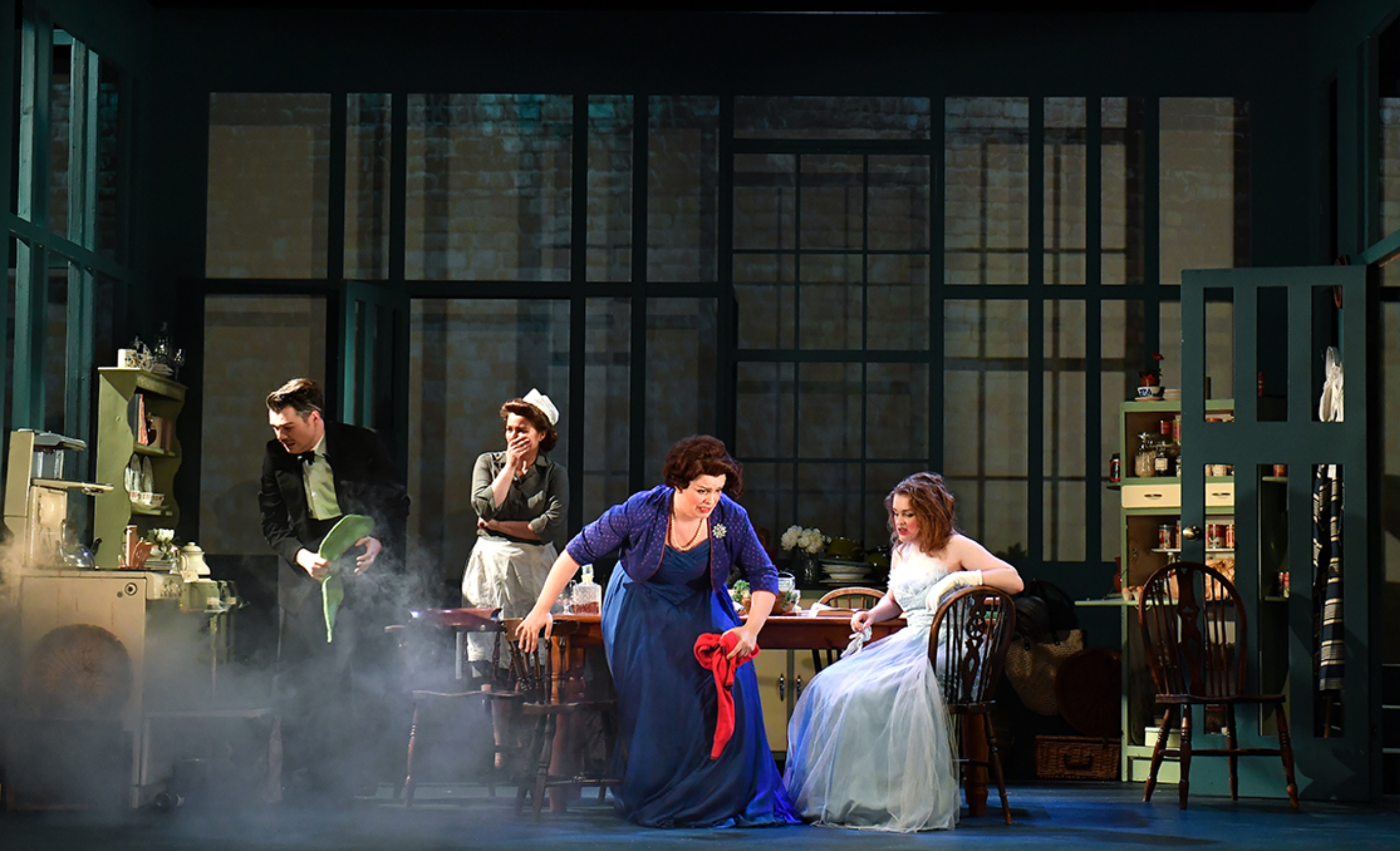 Edward Jowle as Lord Dunmow, Laura Hocking (Mrs Kneebone, the hired help), Katy Thomson (Lady Dunmow) and Jessica Cale (the Dunmows’ daughter, Susan) in A Dinner Engagement at the RCM (Photo Chris Christodoulou).