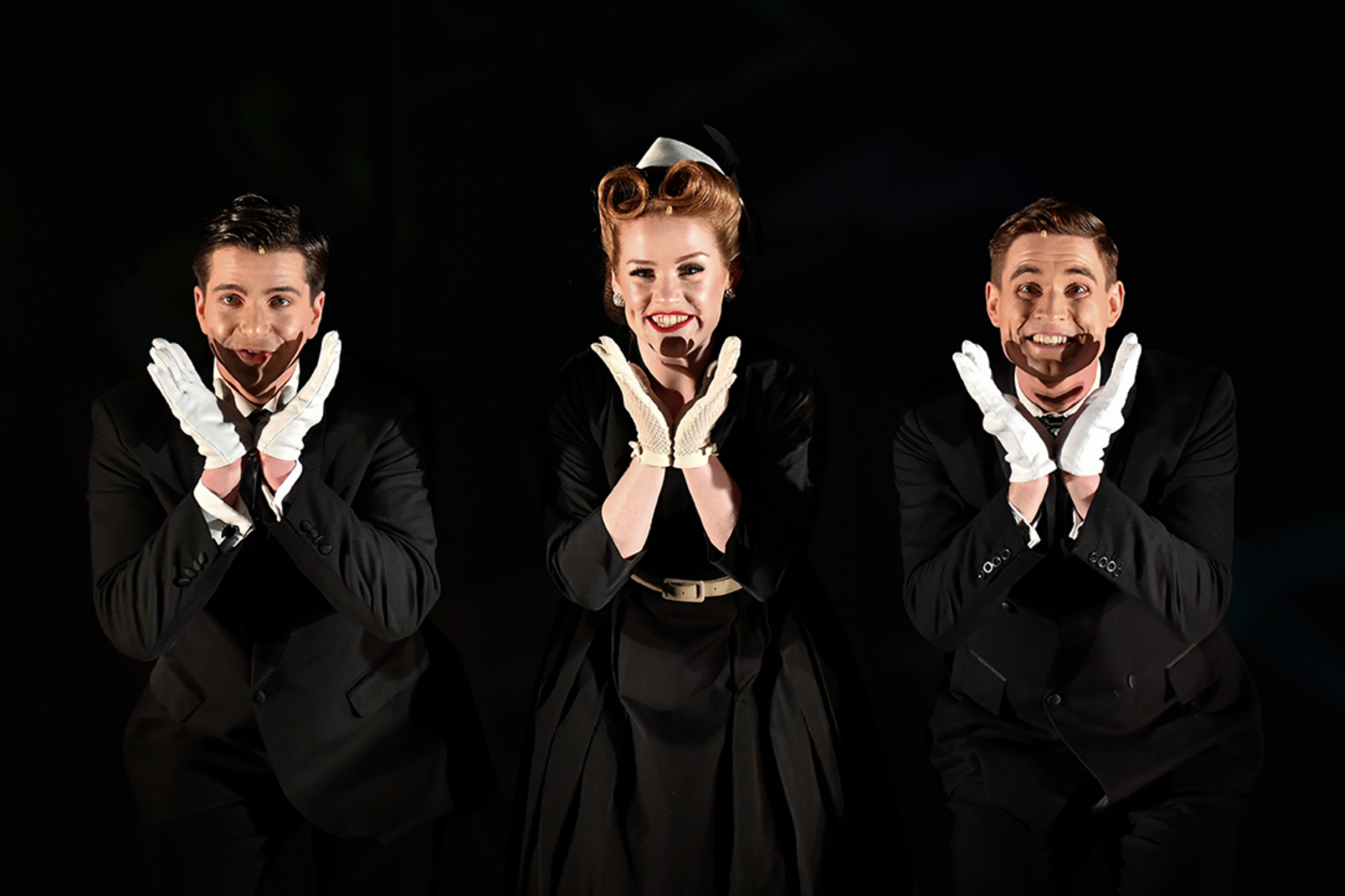 Will Diggle, Ffion Edwards and Samuel Jenkins as the swing vocalists in Bernstein’s Trouble in Tahiti at the RCM (Photo Chris Christodolou).