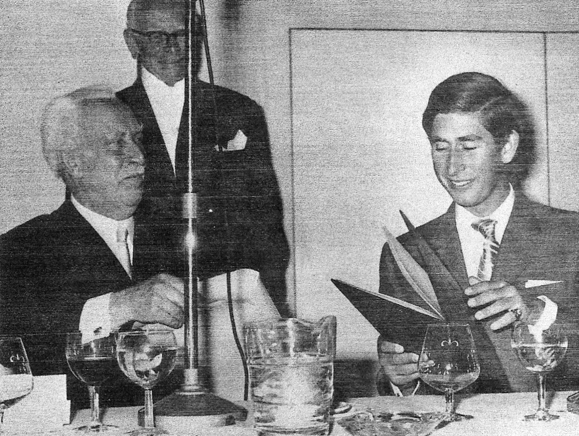 Sir Arthur Bliss, as President of the PRS, presenting the album, Music for a Prince, to the Prince of Wales, 1970.