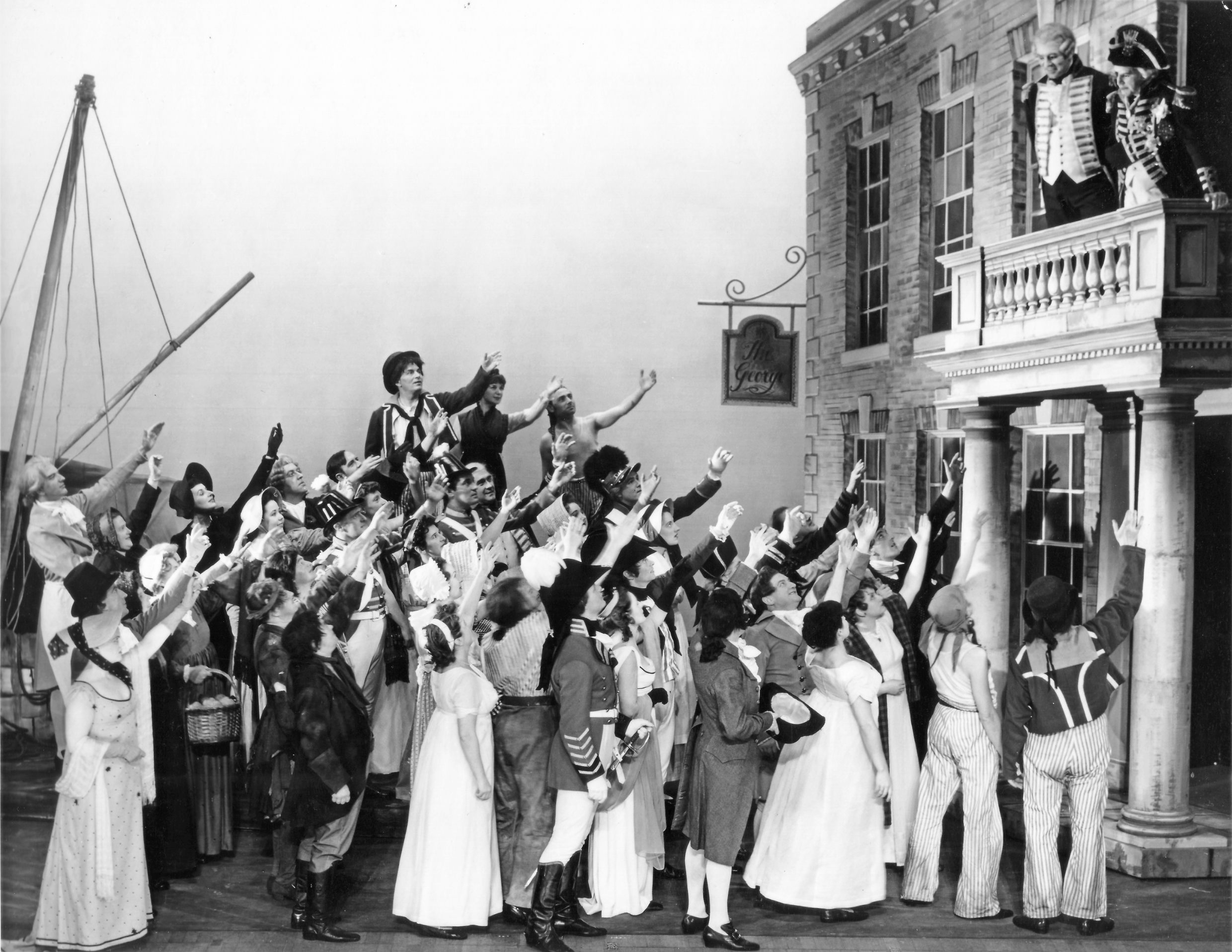 First staged production of Nelson, conducted by Vilém Tausky at Sadler's Wells Theatre, 22 September 1954: Act III Scene 1, outside the George Inn in Portsmouth, 1805, as Nelson (Robert Thomas, tenor) makes his farewells before boarding HMS Victory. (Courtesy Lennox Berkeley Estate)
