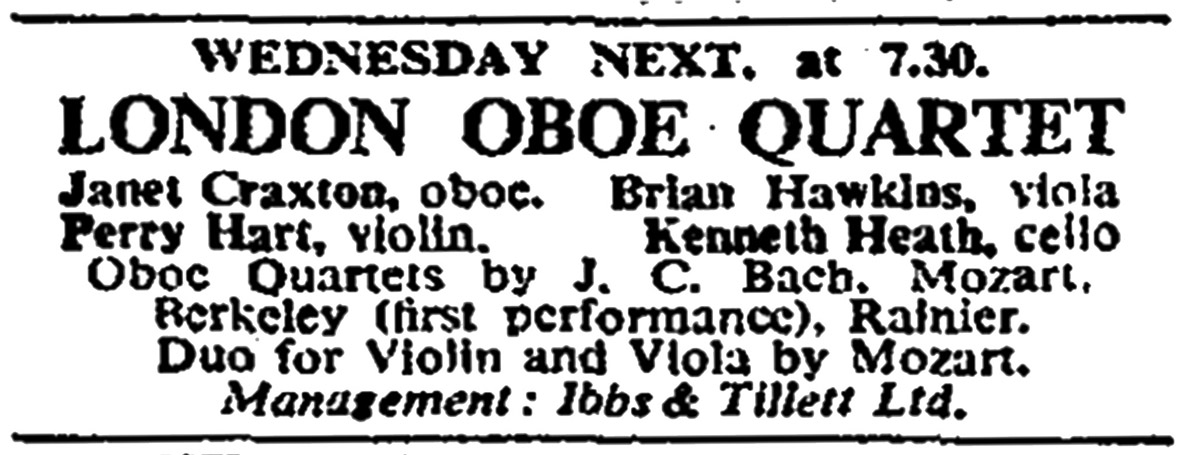 Old newspaper advert for London Oboe Quartet concert