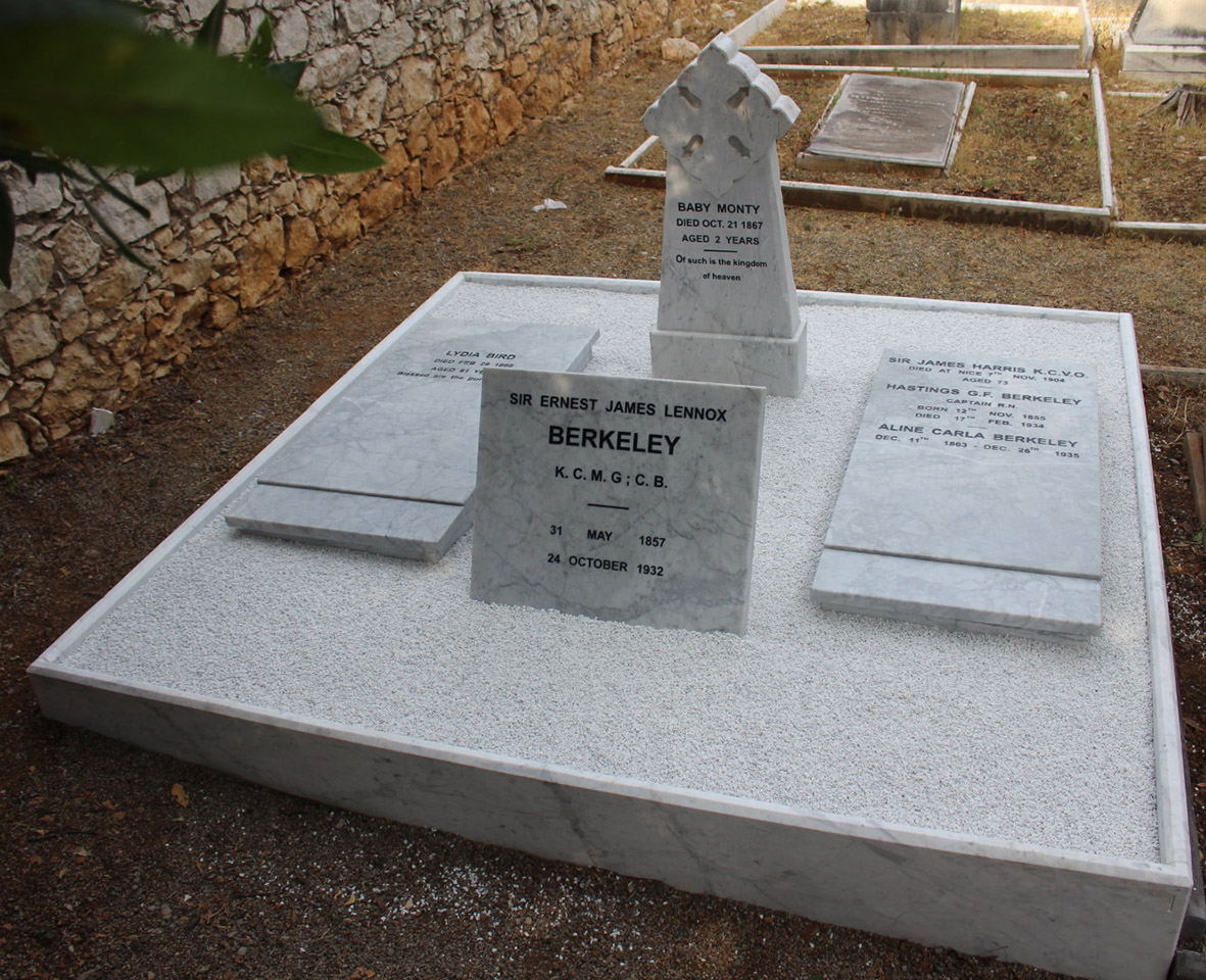 The Harris and Berkeley graves in the Cimetière des Anglais de Caucade, Nice, showing the headstones of Lennox’s grandfather, father and mother, after restoration by the Harris and Berkeley families, 2018 (Photo by Lison Harris of Wellington, New Zealand).