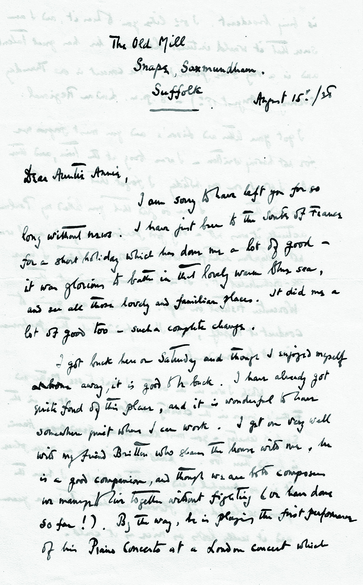 Letter Lennox Berkeley to his aunt, Annie, baronne d’Eppinghoven, 15 August 1938 (from the Lison d’Eppinghoven Archive compiled and maintained by Lison Harris, of Wellington, New Zealand, and reproduced with her kind permission).