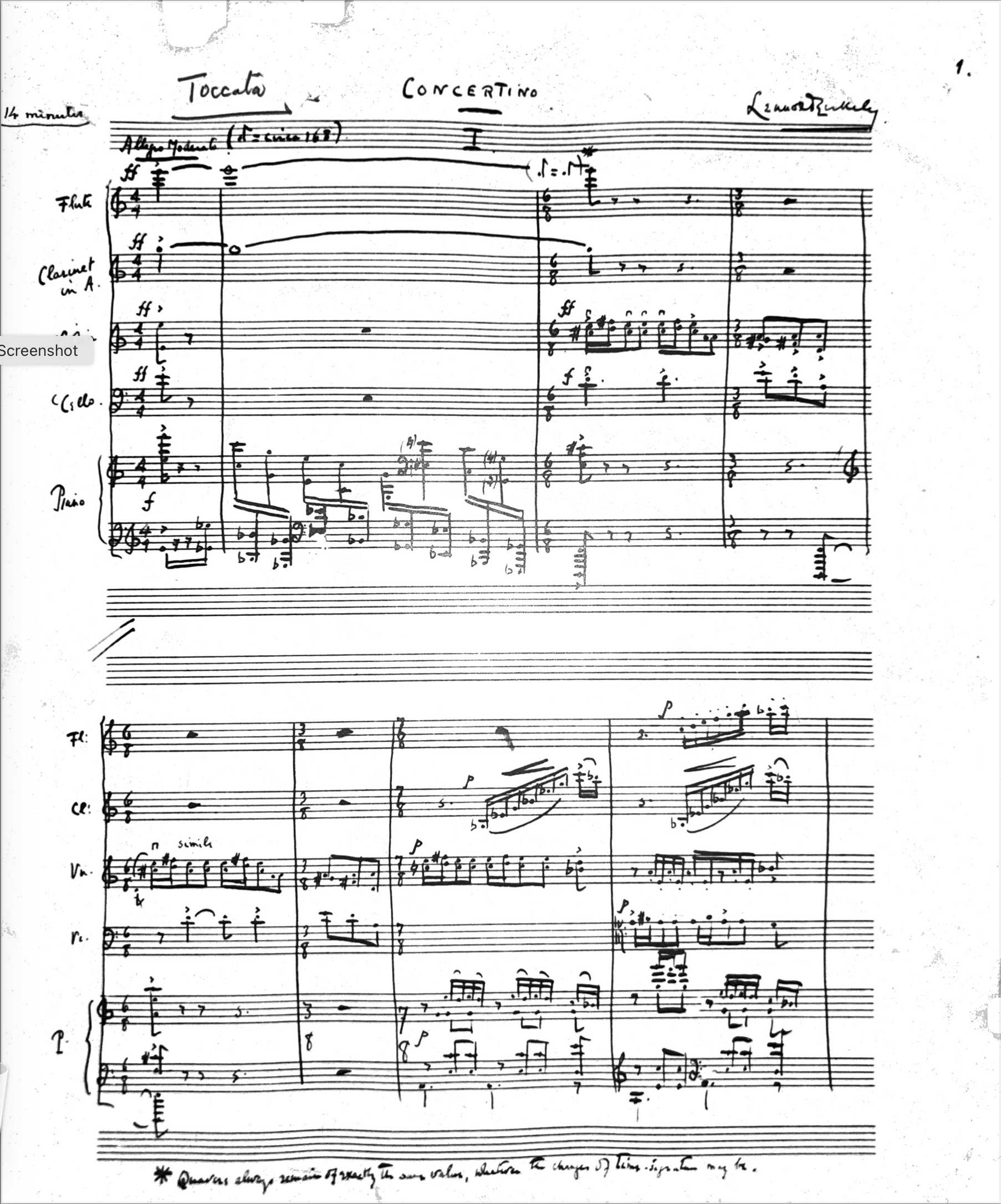 The first page of the new Concertino which Berkeley wrote in 1937. It’s not known why he added, in pencil, to the left of the title, the word, ‘Toccata’.