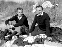 Lennox Berkeley and Benjamin Britten on the beach at Blakeney Point, Norfolk, 1961.  Photo by Freda Berkeley